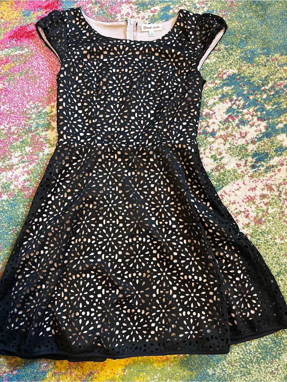 Emerald Sundae Black Laser-Cut Fit & Flare Dress with Nude Underlay